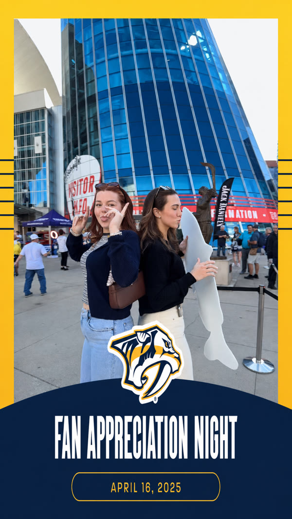 Two guests outside the arena within a Nashville Predators-branded video frame labeled Fan Appreciation Night, April 16, 2025